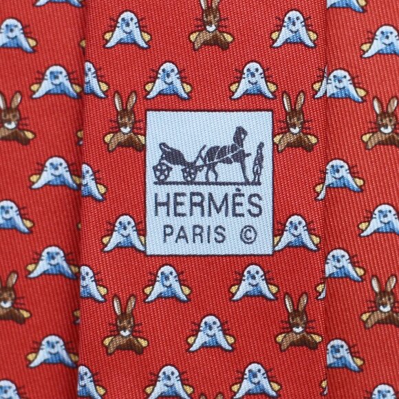 100% REAL HERMES TIE ~ RED w FUN BROWN BUNNY RABBITS & PLAYFUL BLUE SEALS XL - Picture 3 of 4